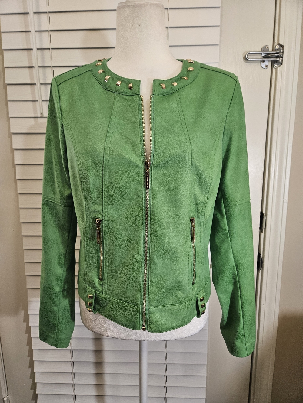 Joseph Ribkoff Green Faux Leather Gold Studded Zip Jacket Size Small